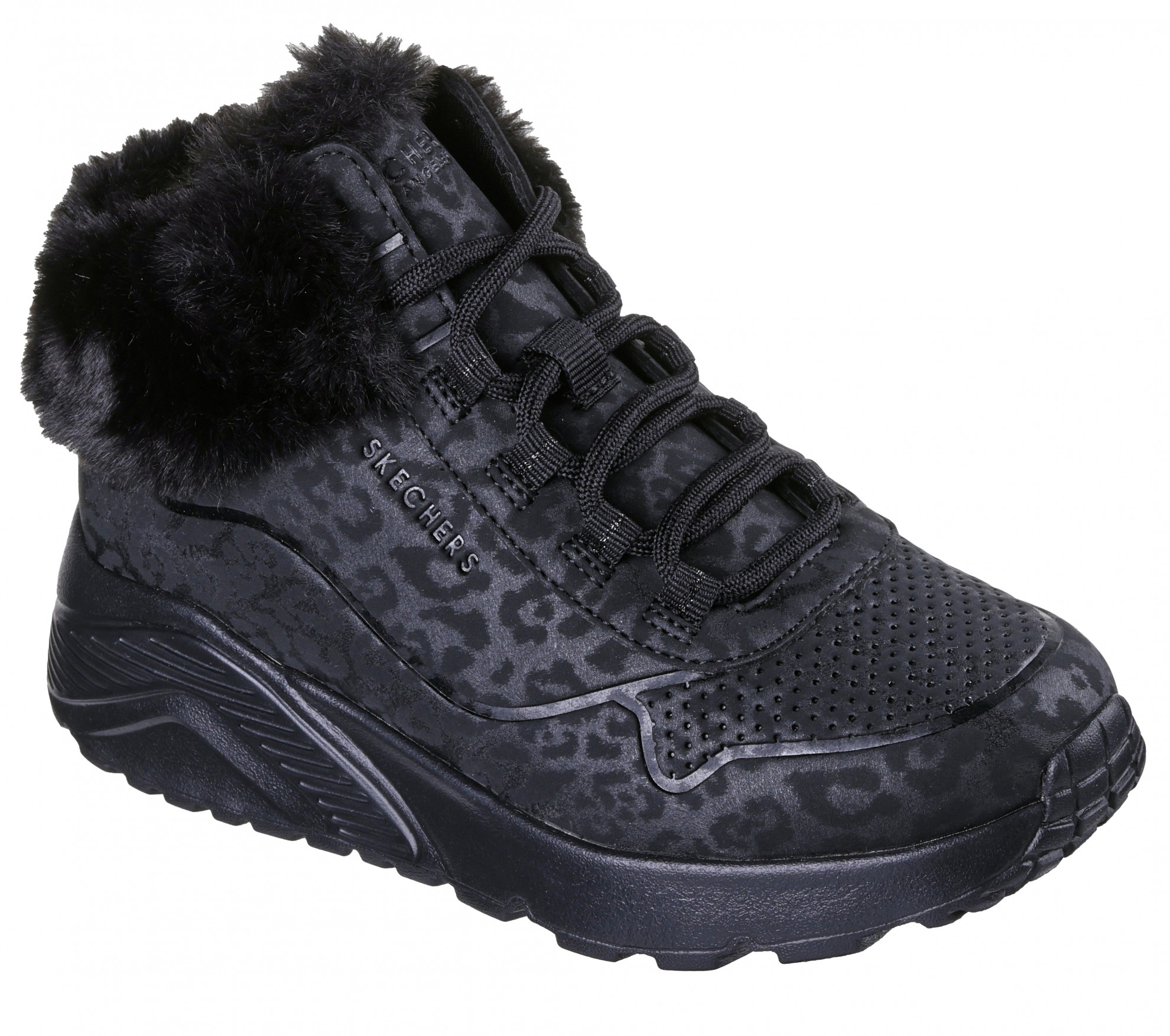 SKECHERS - GHETE NEGRE IMPRIMEU LEOPARD CU BLANITA EXTERIOR